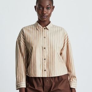 BN Everlane blue tan striped woven button-down PJ top